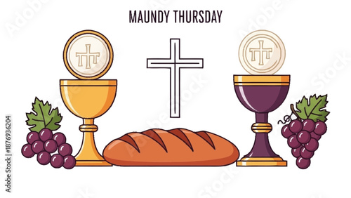 Maundy Thursday religious with chalice bread grapes and cross