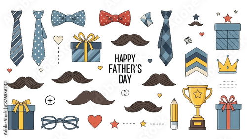 Hand-drawn Father's Day celebration with ties bows mustaches and gifts