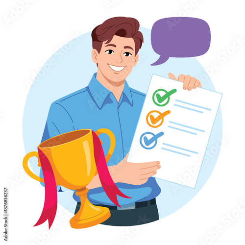 Young man holding a trophy and a checklist with colored checkmarks
