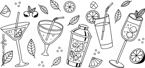 Artistic Hand-Drawn Doodle Collection of Refreshing Summer Cocktails and Beverage Ingredients, Featuring Citrus Slices, Mint, and Ice in a Stylish Outline Illustration
