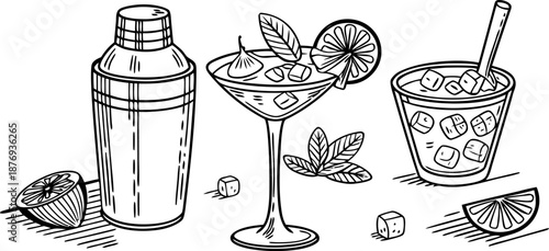 Hand-drawn vector set of cocktail bar essentials shaker, martini glass with lime, and iced drink. Perfect for menus, bar graphics, and beverage-themed designs