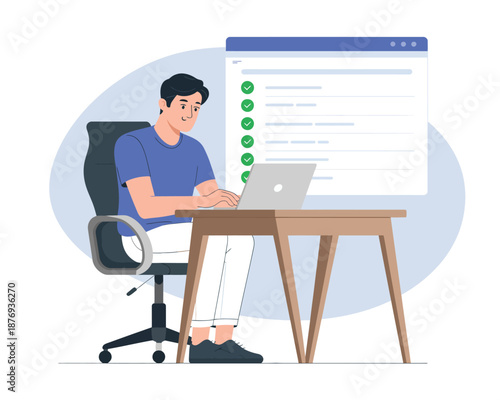 Man in blue shirt working on laptop with checklist on screen 1