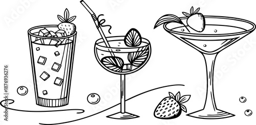 Set of fresh cocktail drinks and wine in glass cups with fruit ice and strawberry drawing illustration vector icons