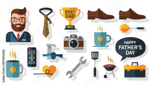 Happy Fathers Day with Man, Trophy, Coffee, Tools, and Grill