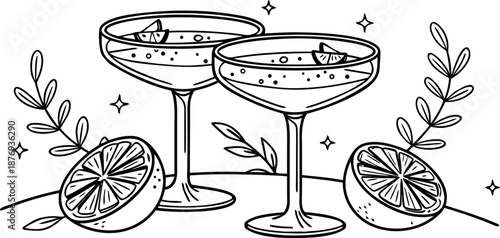 Charming hand-drawn line art of two elegant coupe glasses featuring sparkling beverages and fresh citrus garnishes, ideal for event designs and summer menus