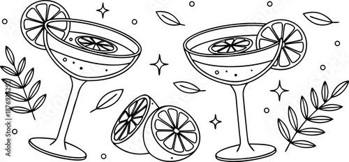 Artistic Line Art Illustration of Refreshing Citrus Drinks, Featuring Decorative Garnishes and a Playful Hand-Drawn Aesthetic, Perfect for Summer Themes and Party Designs