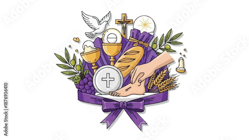 Purple ribbon with religious symbols and cross chalice