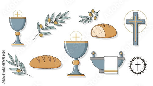 Religious symbols and including chalice, bread, olive branches, and cross
