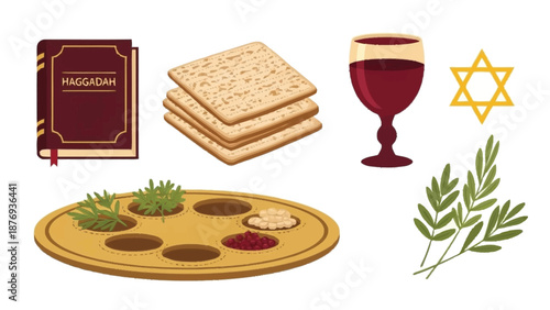 Passover Seder Including Haggadah Book Matzo Wine and Seder Plate