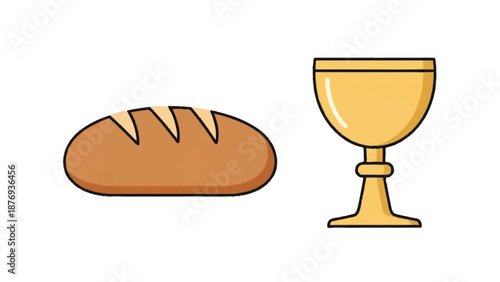 Brown bread loaf and golden chalice on white background crust slices