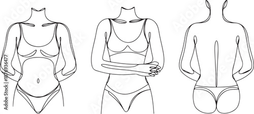 A collection of continuous line drawings illustrating the female torso from the front, a front view with arms crossed, and the back view. The minimalist style focuses on the natural curves and form of