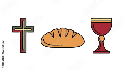 Cross, Bread, and Chalice in Red, Green, and Brown Colors religious symbols Christianity