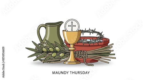 Green Pitcher and Gold Chalice with Thorns and Cross on Red Plate for Maundy Thursday