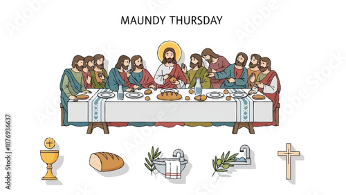 Maundy Thursday of Jesus and Disciples at the Last Supper religious biblical scene