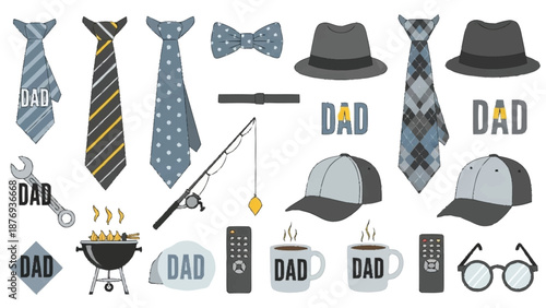 Collection of ties, hats, and with the word dad in various styles and colors bow tie