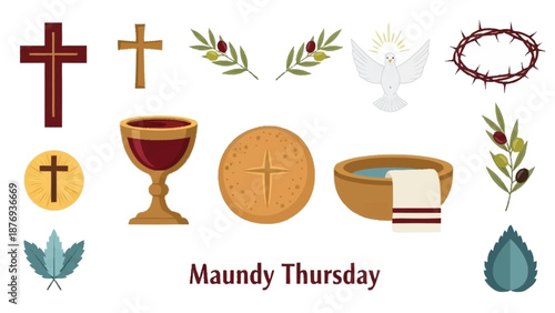 Maundy Thursday religious symbols and cross olive branch