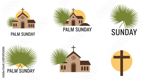 Colorful Palm Sunday religious with church and cross symbols religion