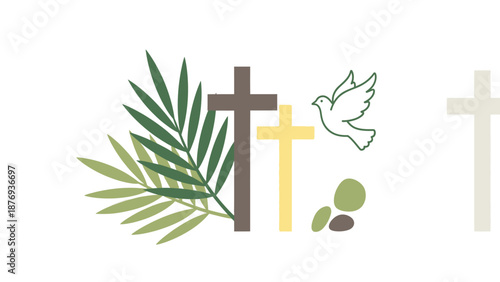 Crosses with green leaves and white dove religious symbols brown cross