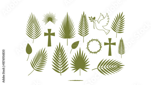 Green religious symbols and leaves on white background cross