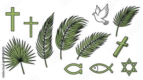 Green religious symbols and palm leaves with a white dove green crosses Star of David