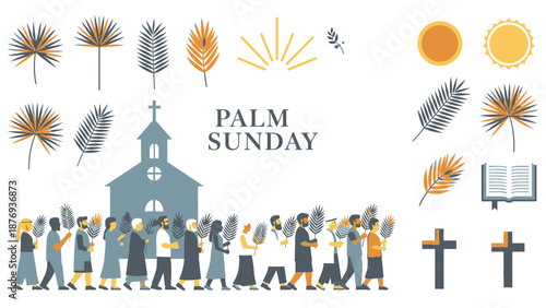 Group of people holding palm branches walking towards a church on Palm Sunday religious