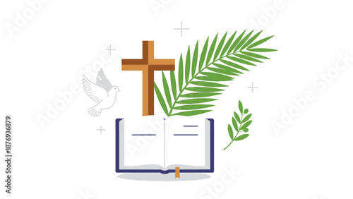 Open Bible with Cross Palm Leaves and Dove open book