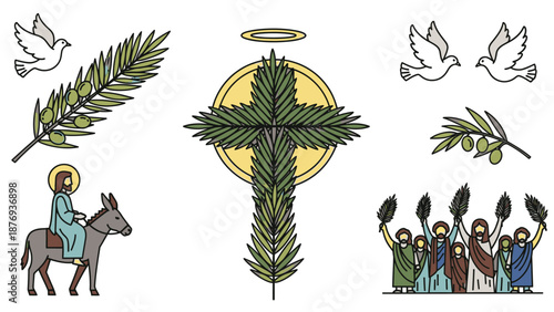 Palm branches and doves with religious figures and symbols religious symbols holy