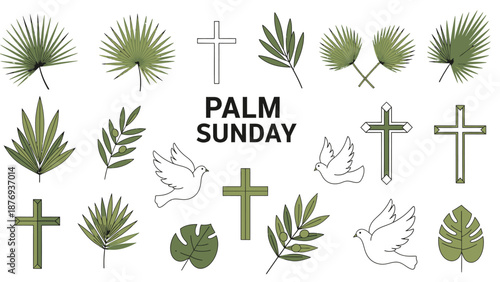 Palm Sunday with crosses and doves in green and white