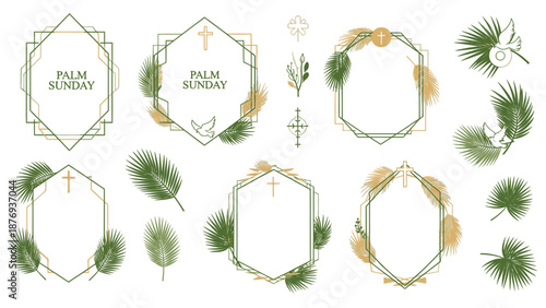 Palm Sunday wreaths with green palm leaves and gold wheat religious symbol