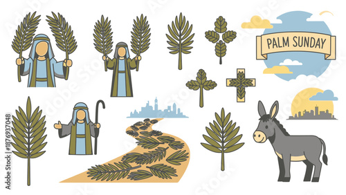 Palm Sunday with people holding palm branches and a donkey religious