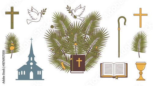 Religious symbols and with green pine branches and a book cross dove
