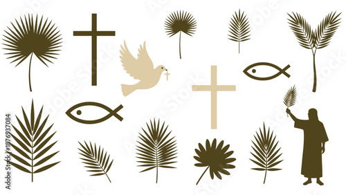 Various religious symbols and palm leaves in black and beige cross dove