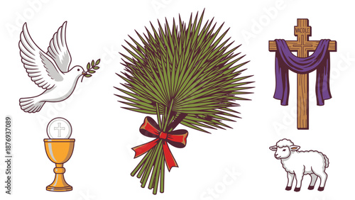 White dove with olive branch palm fronds purple draped cross golden chalice white lamb