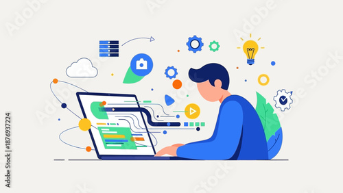 Man Working on Laptop with Icons.