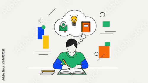 Man Writing in Notebook with Thought Bubbles.