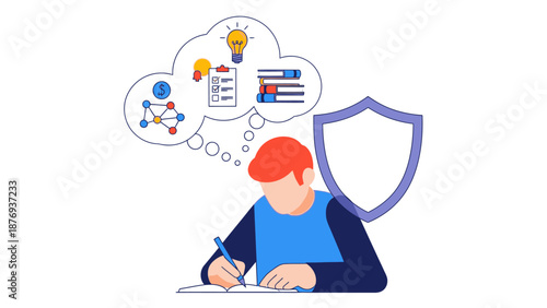 Man Writing with Security Shield Protection.