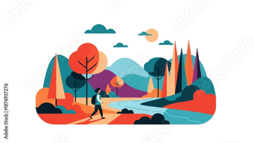 Person Hiking in Mountainous Landscape Scene.