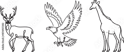 This black and white line art illustration features three distinct wild animals: a majestic deer or stag with antlers, a powerful flying eagle, and a tall, graceful giraffe.