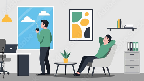 Two Men Relaxing in Modern Office Space.