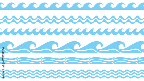 Seamless light blue wavy water patterns and curved ocean borders for aquatic graphic design elements