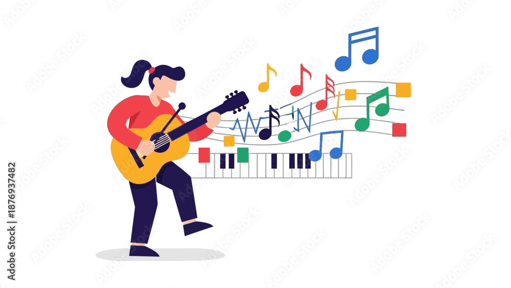 Fototapeta premium Man Playing Guitar with Music Notes.