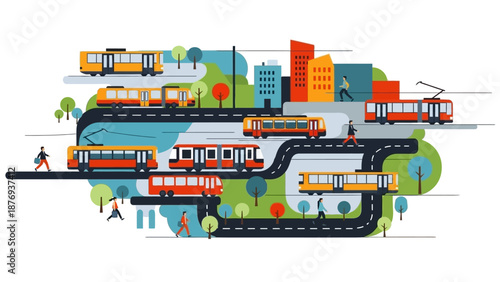 Colorful Illustration of Public Transportation System.