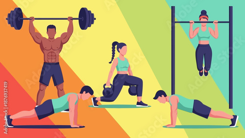 Group of People Exercising with Weights and Pull Ups.