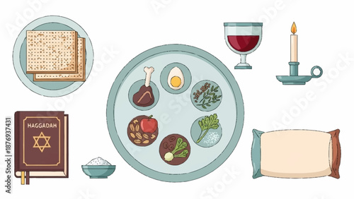 Passover Seder plate with traditional and ritual matzah Haggadah
