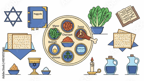Passover Seder plate with traditional and symbols Jewish Haggadah