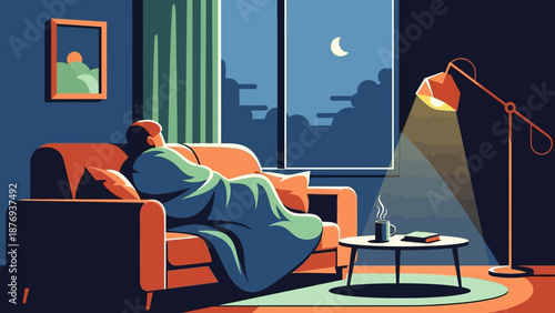 Man Sleeping on Sofa at Night.