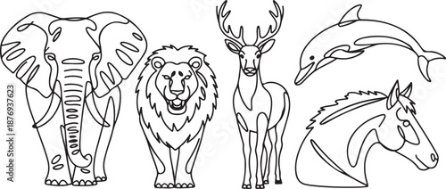 A black and white line art illustration featuring five distinct animals: an elephant, a lion, a deer, a dolphin, and a horse. 