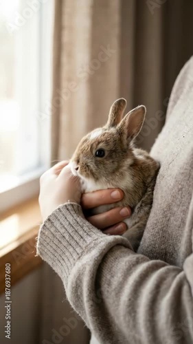 Cozy brown bunny rabbit pet held in hands near window cozy gentle soft moment