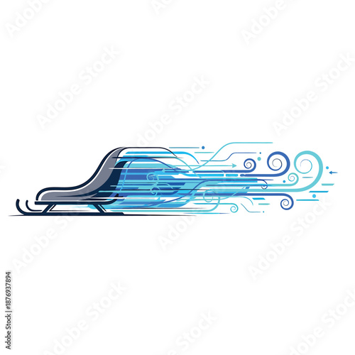 Conceptual illustration depicting a high-speed winter sled propelled by innovative digital currents and dynamic swirling patterns, symbolizing swift movement and progress