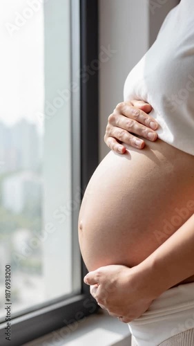 Pregnant woman belly touching pregnancy hands touching belly soft gentle sunlight calm anticipation